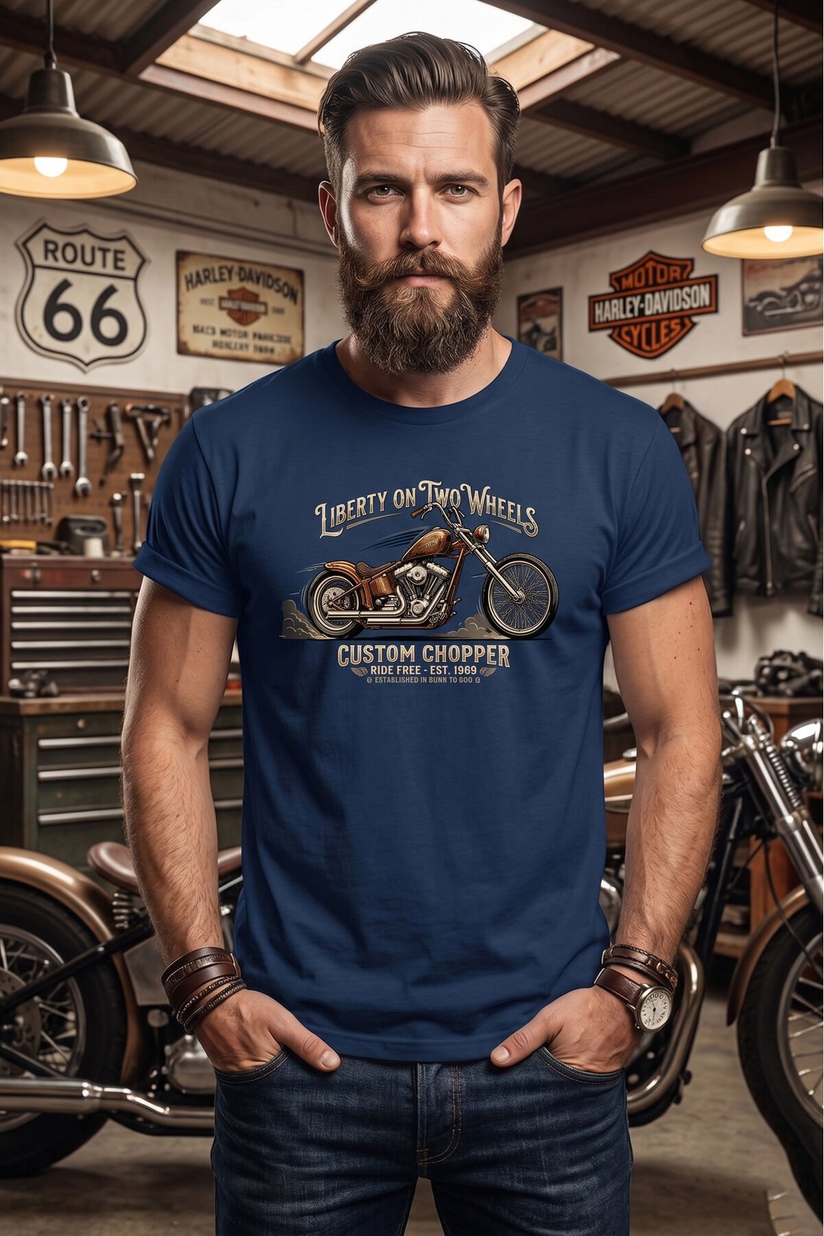 Retro Motosiklet İllüstrasyon Baskılı Pamuklu Unisex Tişört T-shirt Lacivert - L