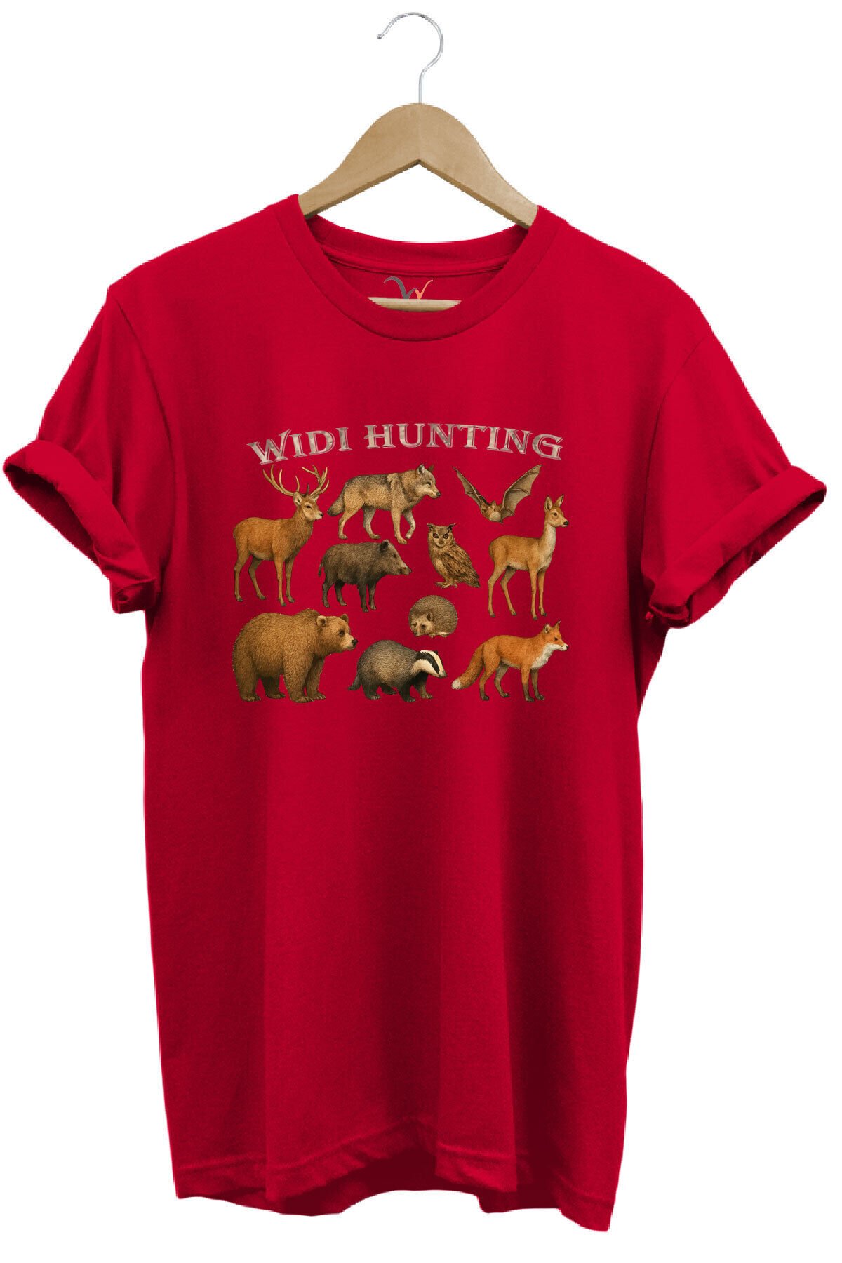 Widi Hunting Vahşi Yaşam Geyik Ayı Kurt Baskılı %100 Pamuk Regular Fit Bisiklet Yaka Siyah T-shirt Kırmızı - L