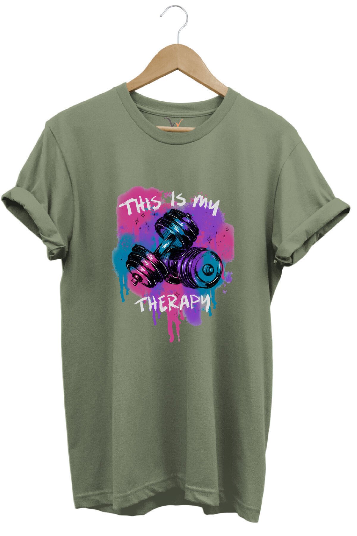 This is my therapy Gym Sporcu Fitness Dambıl Baskılı %100 Pamuk Regular Fit Bisiklet Yaka T-shirt Haki - 2XL