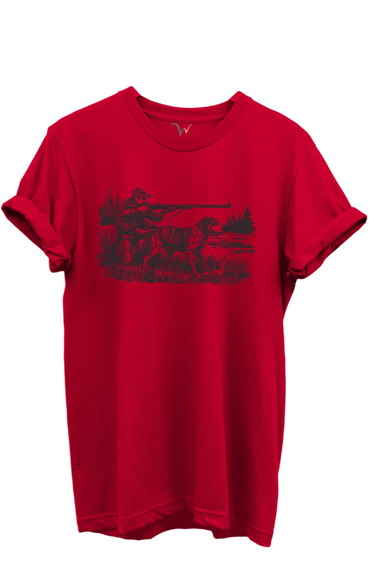 Avcı ve Av Köpeği Av Sahnesi Çizim Baskılı %100 Pamuk Regular Fit Bisiklet Yaka Unisex T-shirt Kırmızı - XL