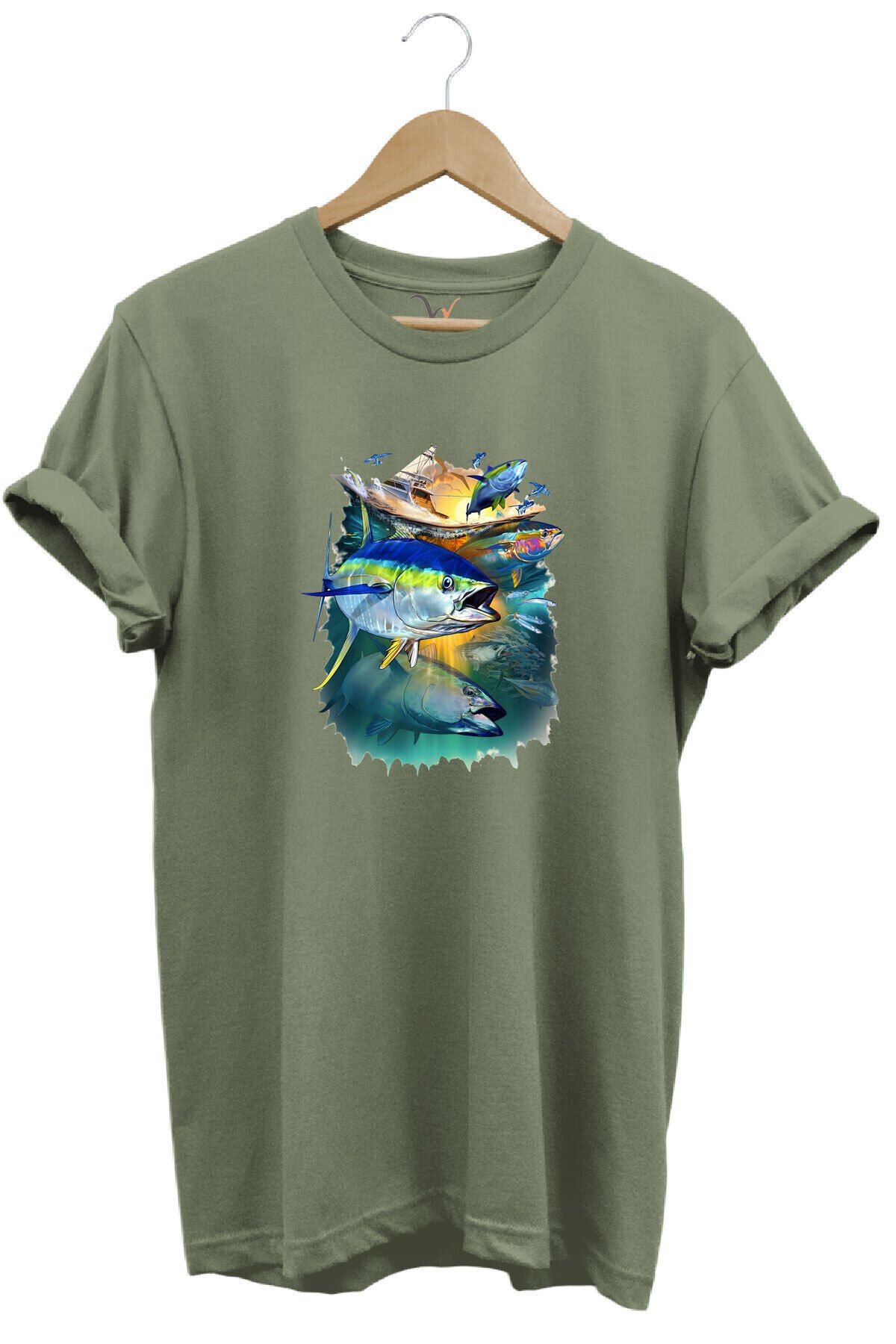 Fishing Balık Baskılı Balıkçılık %100 Pamuk Regular Fit Bisiklet Yaka Siyah T-shirt Haki - M