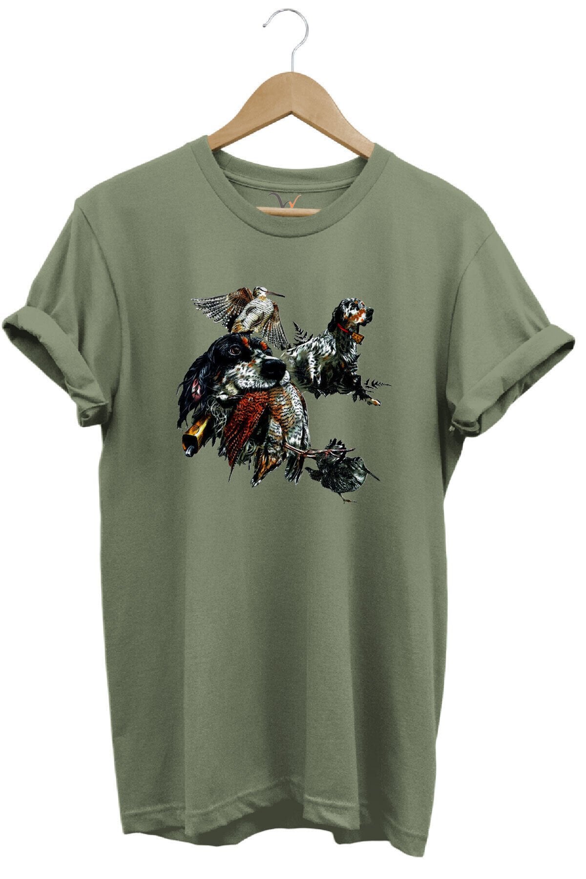 Avcılık Temalı English Setter ve Kuş Baskılı %100 Pamuk Unisex Regular Fit T-Shirt Haki - M