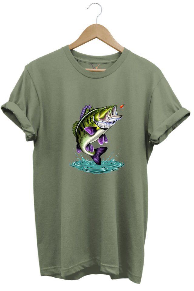 Fishing Balıkçılık Levrek Balığı Baskılı Avcı %100 Pamuk Regular Fit Unisex T-Shirt Haki - M