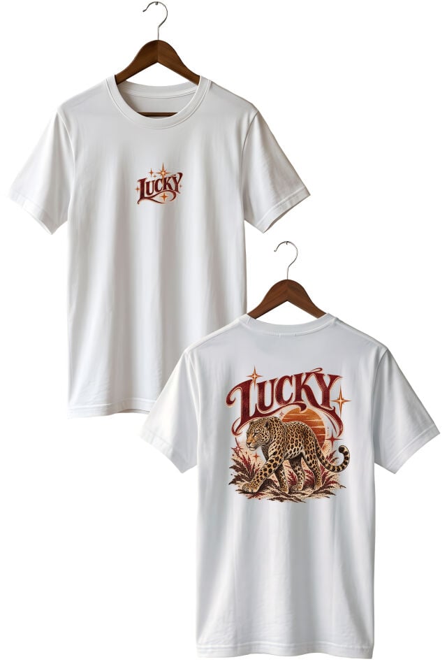 Lucky Leopar Baskılı Oversize Unisex T-Shirt – Ön Arka Baskılı Vintage Streetwear Tişört