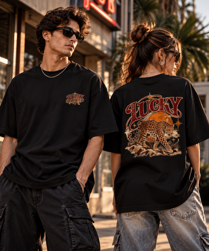 Lucky Leopar Baskılı Oversize Unisex T-Shirt – Ön Arka Baskılı Vintage Streetwear Tişört