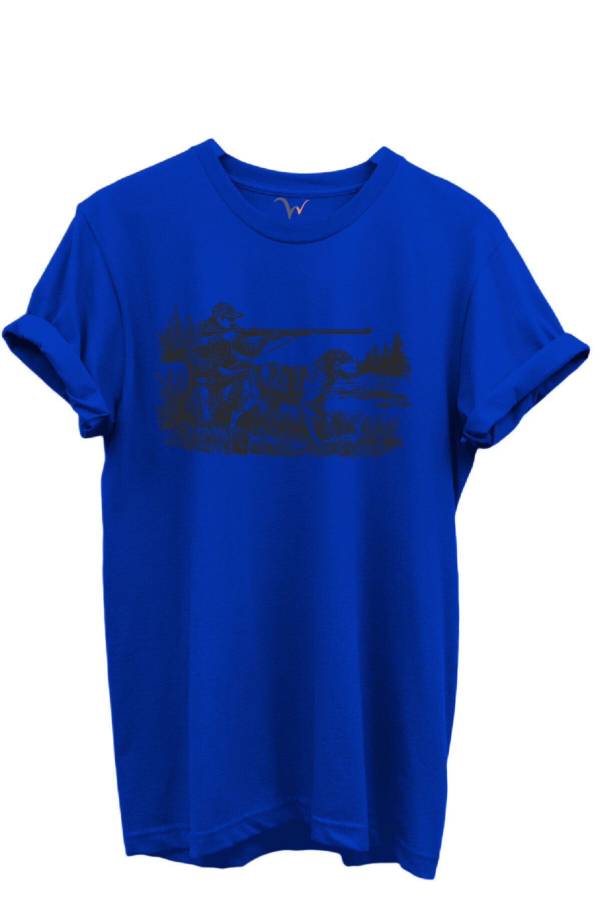 Avcı ve Av Köpeği Av Sahnesi Çizim Baskılı %100 Pamuk Regular Fit Bisiklet Yaka Unisex T-shirt Saks Mavi - M