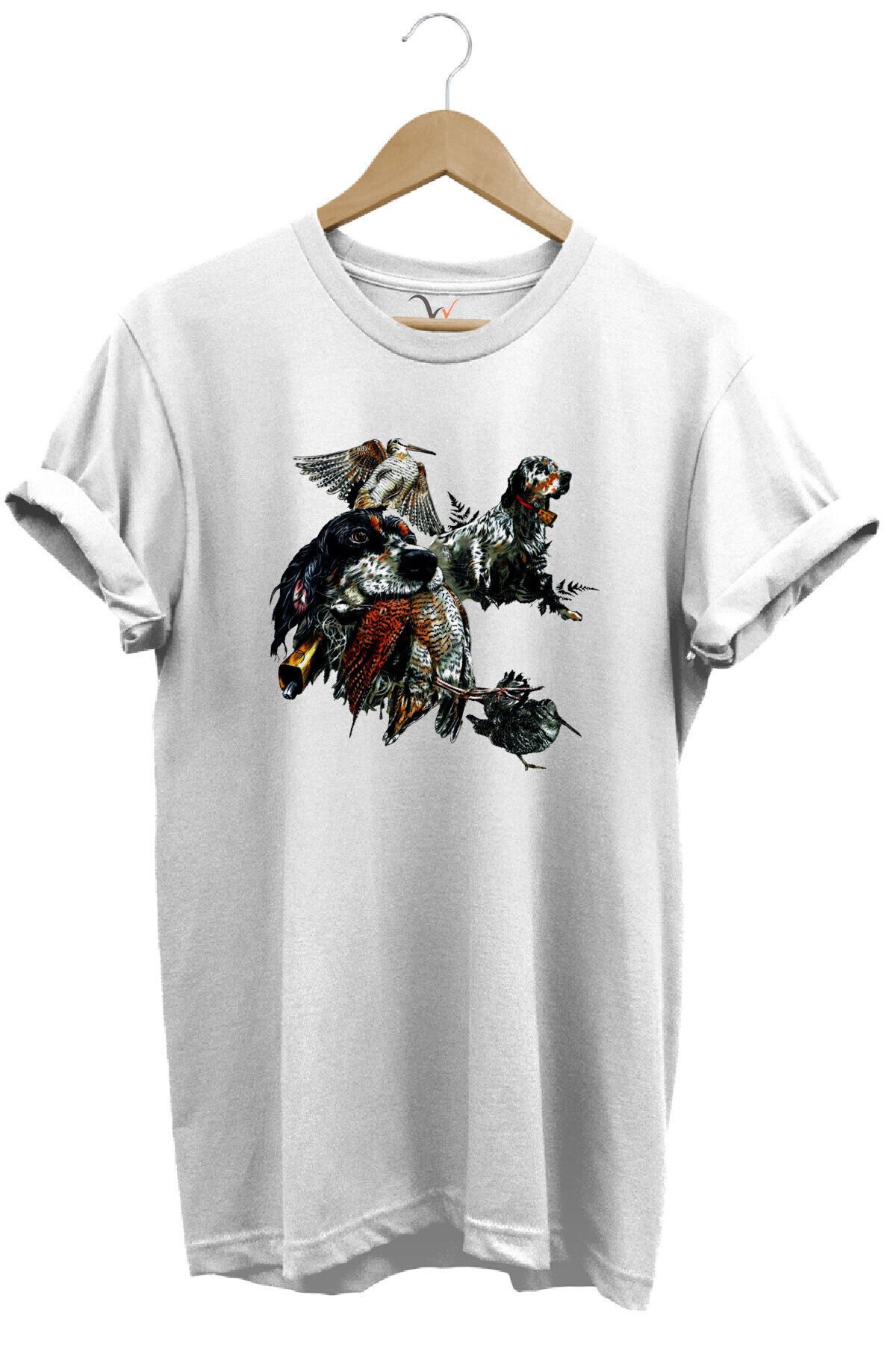 Avcılık Temalı English Setter ve Kuş Baskılı %100 Pamuk Unisex Regular Fit T-Shirt Beyaz - M