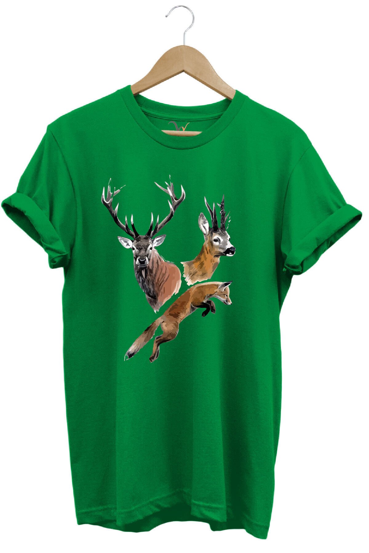 Avcılık Hunter Geyik ve Tilki Baskılı %100 Pamuk Regular Fit Tişört Yeşil - 2XL