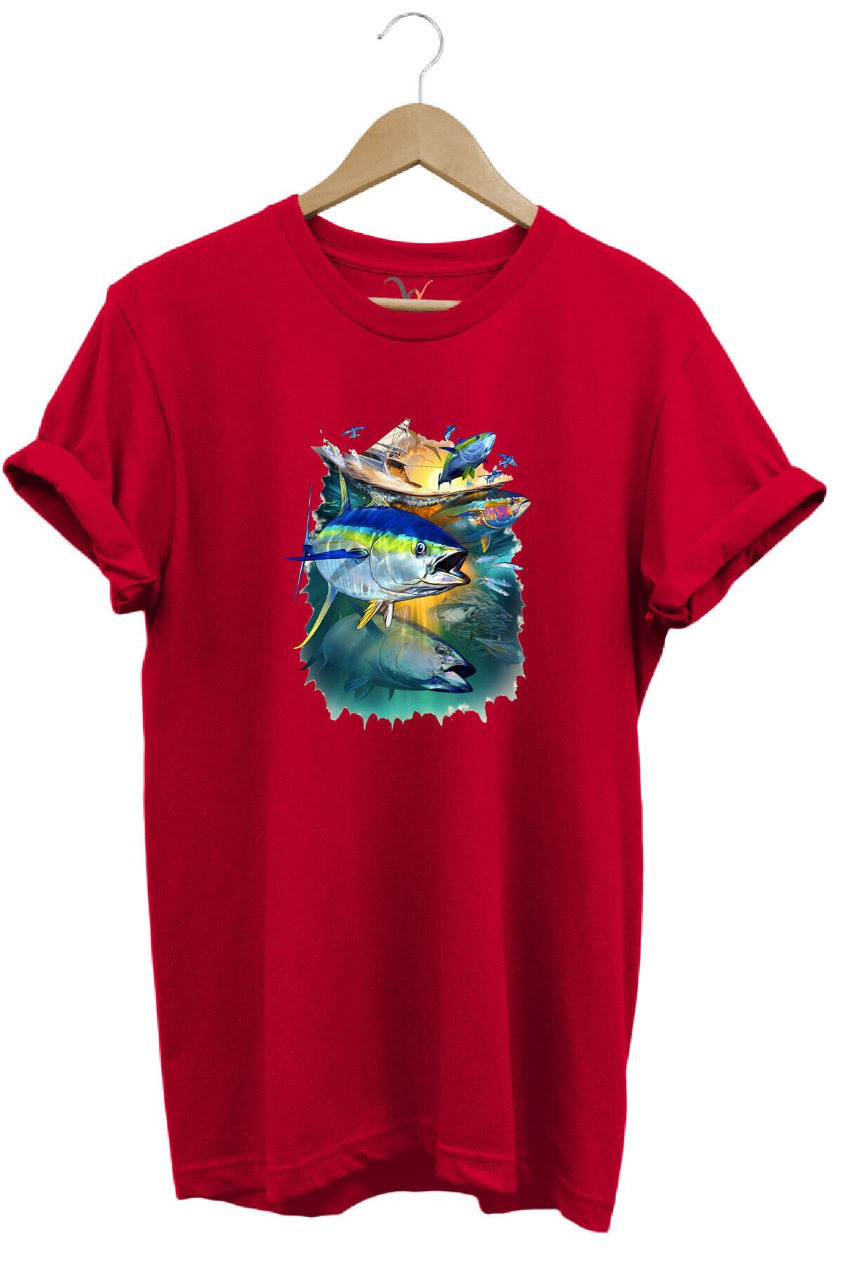Fishing Balık Baskılı Balıkçılık %100 Pamuk Regular Fit Bisiklet Yaka Siyah T-shirt Kırmızı - 2XL