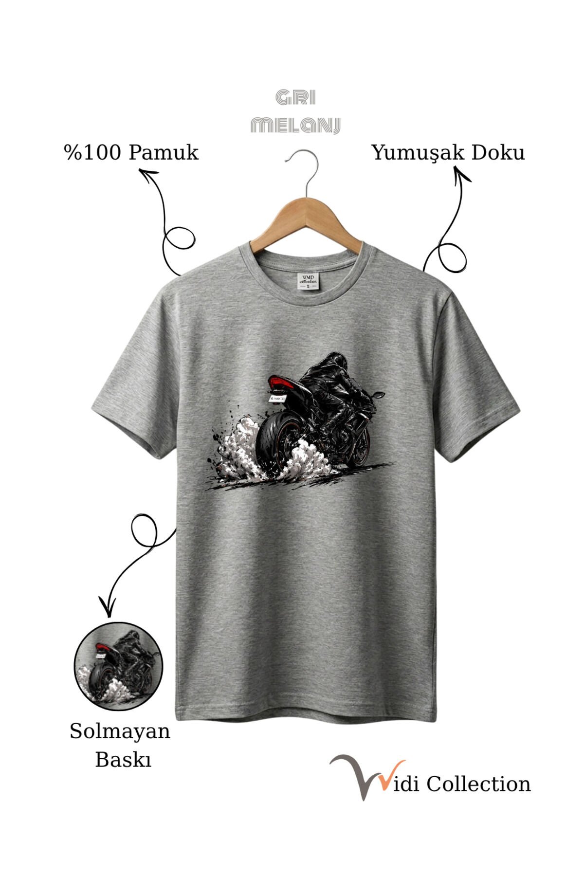 Motor Lastik Duman Efektli %100 Pamuk Regular Fit Unisex T-Shirt Gri Melanj - L