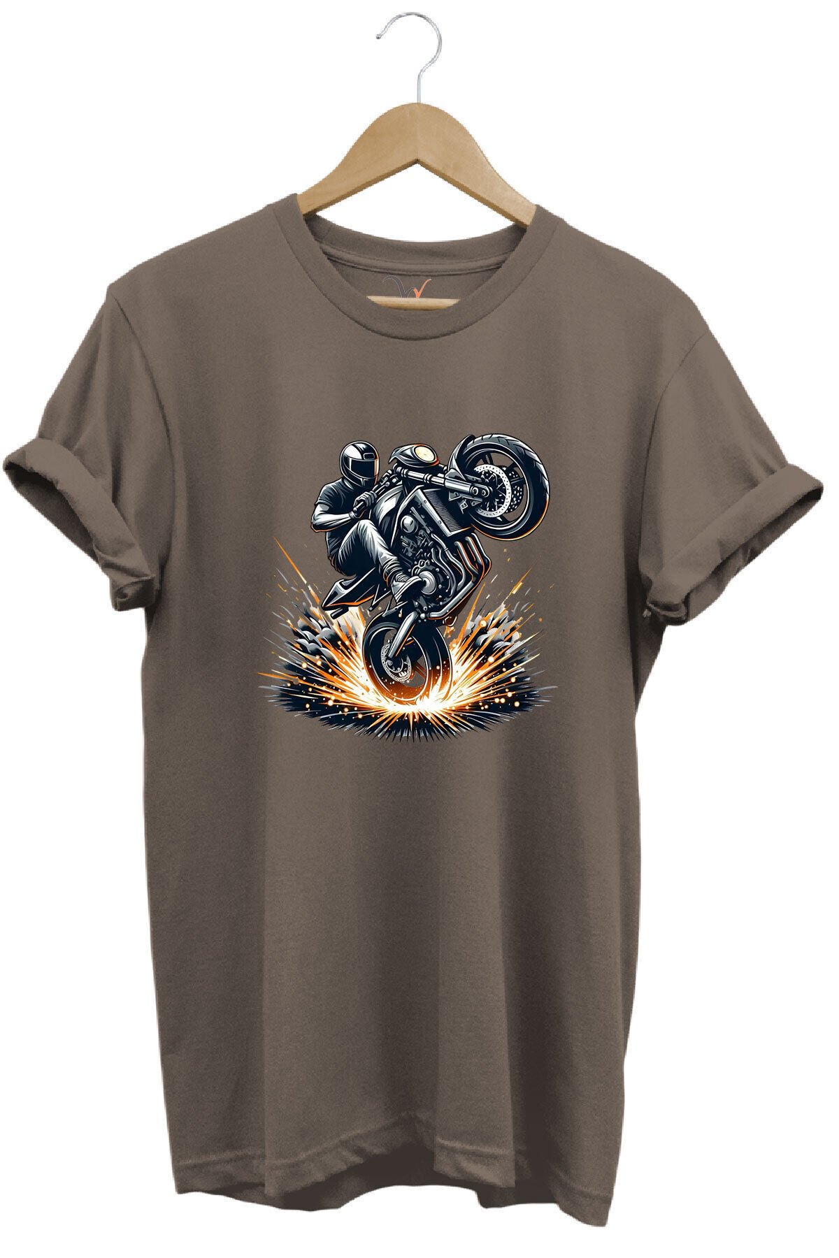 Racing Motosiklet Baskılı Ön Kaldıran Motorcu %100 Pamuk Regular Fit Unisex T-Shirt Kahverengi - M
