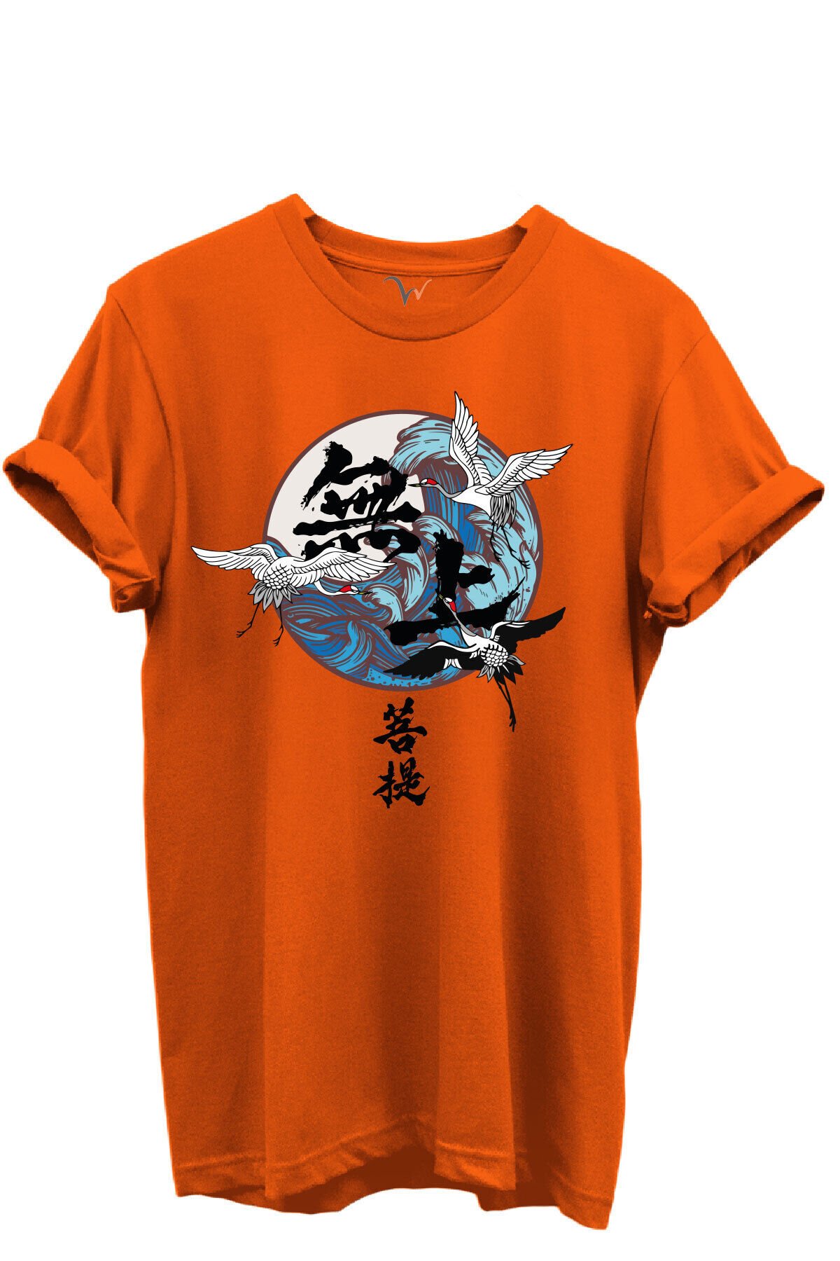 Japon Sanatı Stilinde Turna Kuşları ve Dalga Desenli %100 Pamuk Regular Fit Unisex T-Shirt Turuncu - 3XL