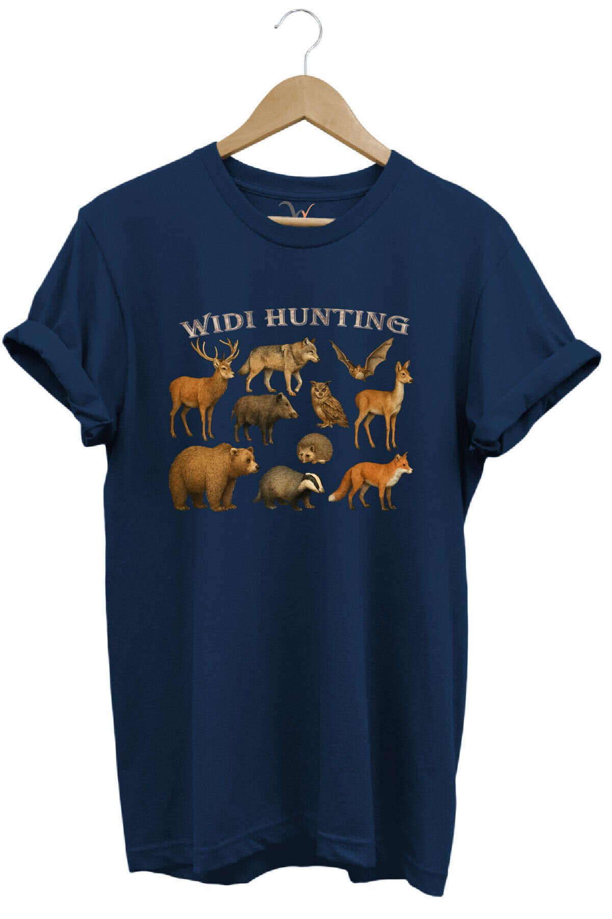 Widi Hunting Vahşi Yaşam Geyik Ayı Kurt Baskılı %100 Pamuk Regular Fit Bisiklet Yaka Siyah T-shirt Lacivert - M
