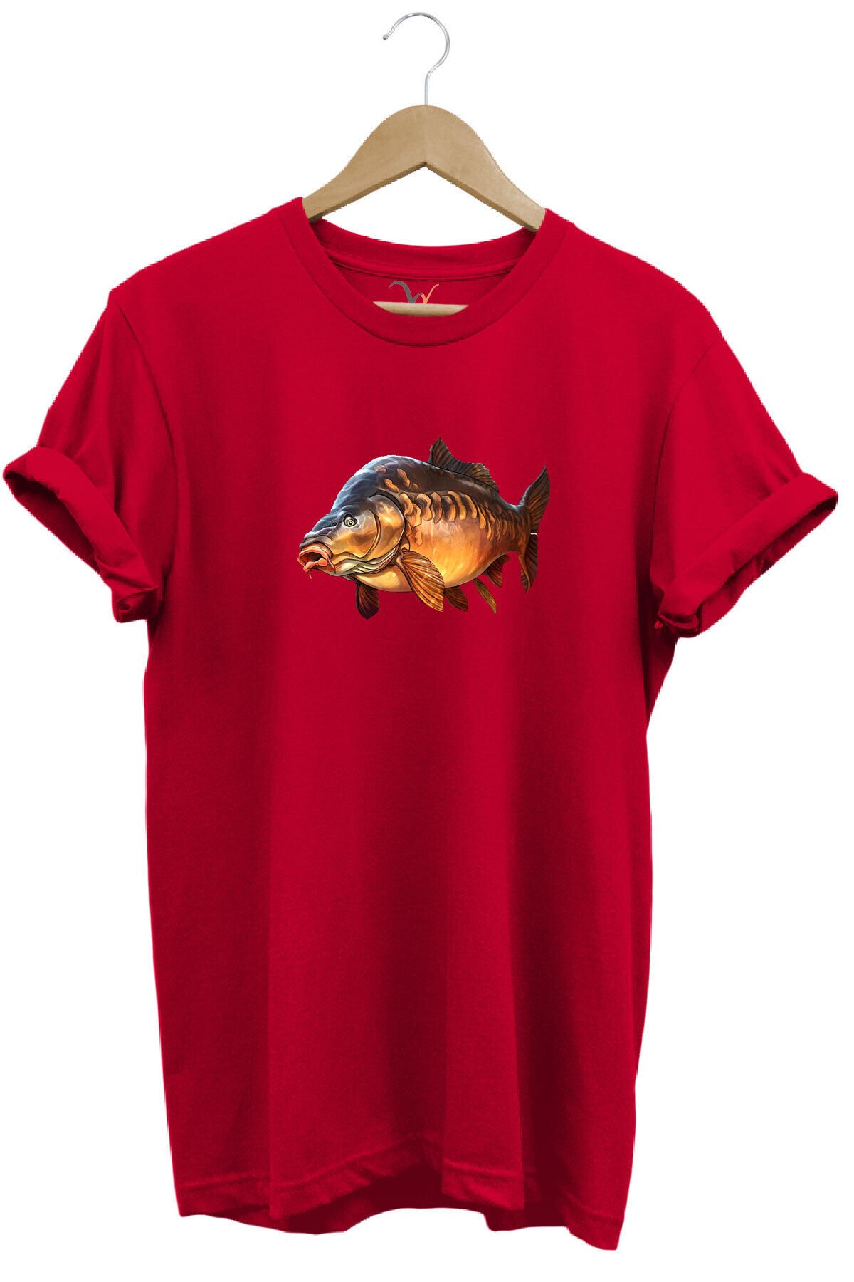 Avcılık Fishing Deniz Göl Sazan Balığı Baskılı Renkli %100 Pamuk Regular Fit Bisiklet Yaka T-Shirt Kırmızı - M
