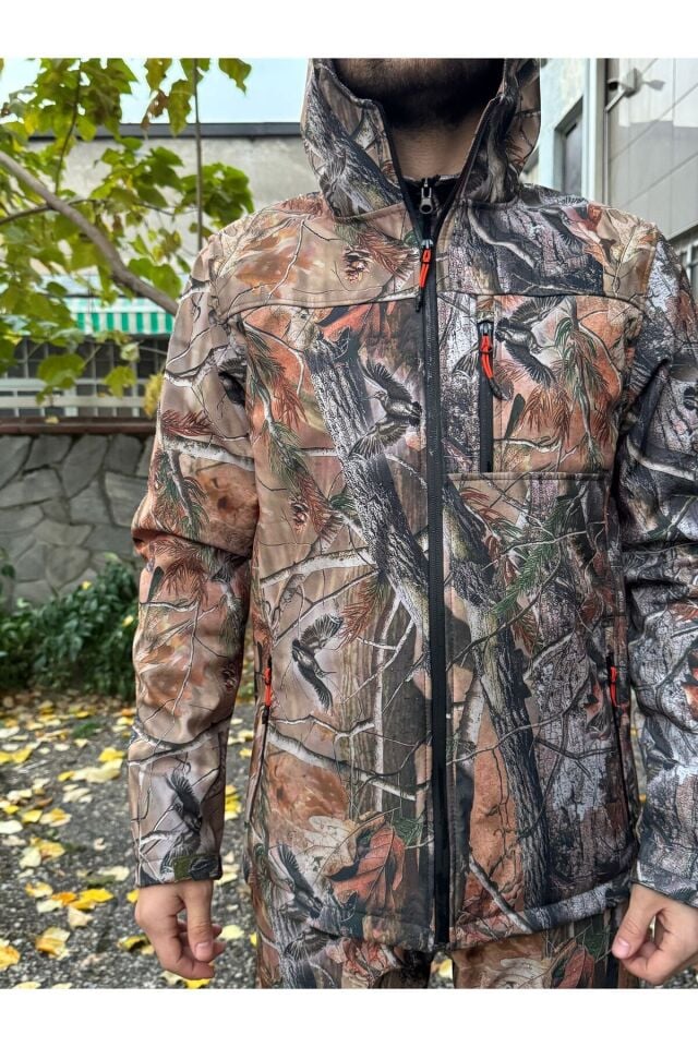 Kışlık Outdoor Hunter Avcılık Su ve Rüzgar Geçirmez Erkek Orman Desenli Kamuflaj Softshell Mont