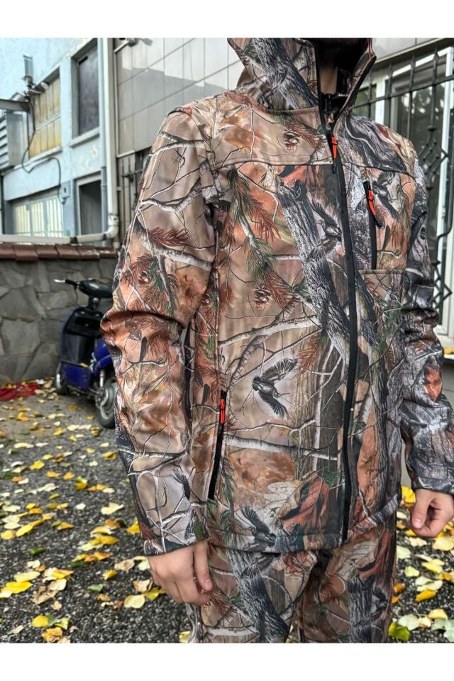 Kışlık Outdoor Hunter Avcılık Su ve Rüzgar Geçirmez Erkek Orman Desenli Kamuflaj Softshell Mont