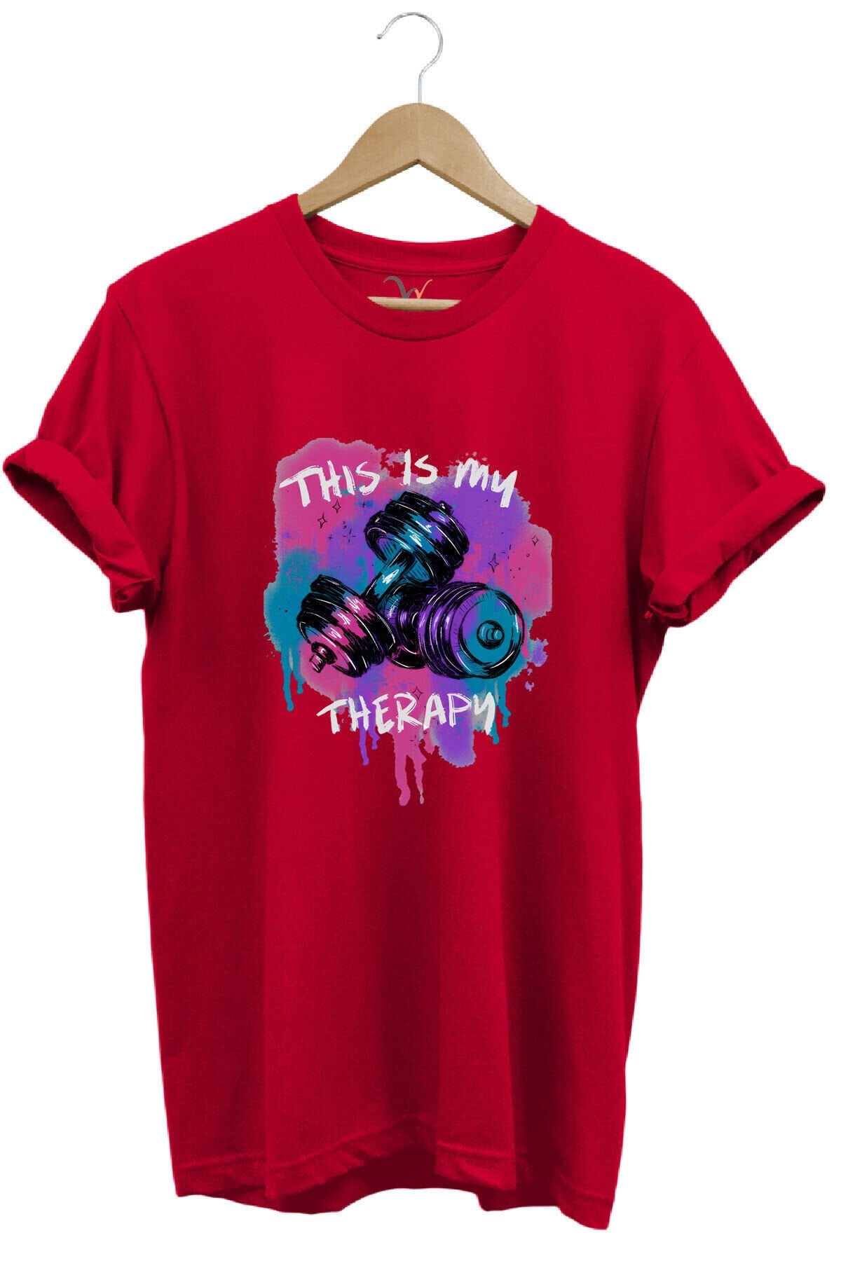 This is my therapy Gym Sporcu Fitness Dambıl Baskılı %100 Pamuk Regular Fit Bisiklet Yaka T-shirt Kırmızı - XL