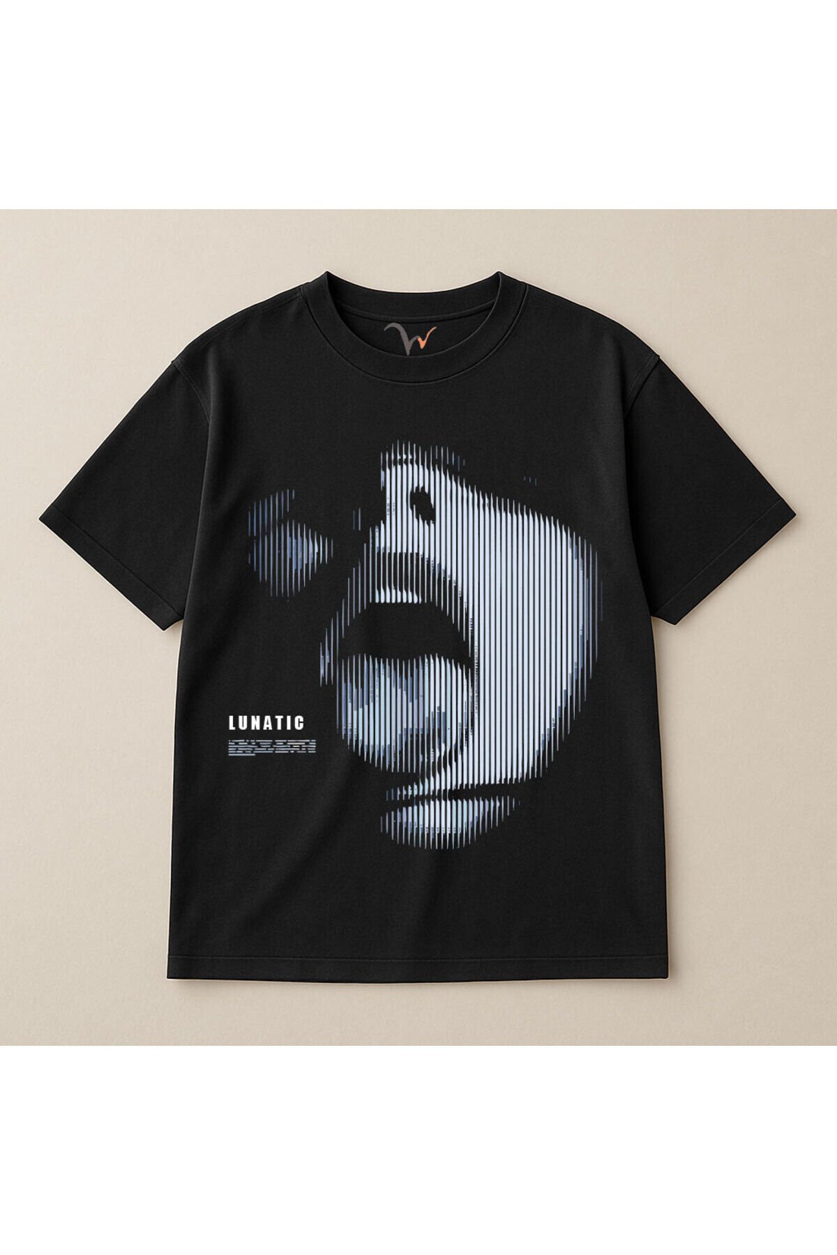 Lunatic Çizgisel Efektli Dijital Baskılı Streetwear %100 Pamuk Oversize Bisiklet Yaka Unisex T-Shirt Siyah - S