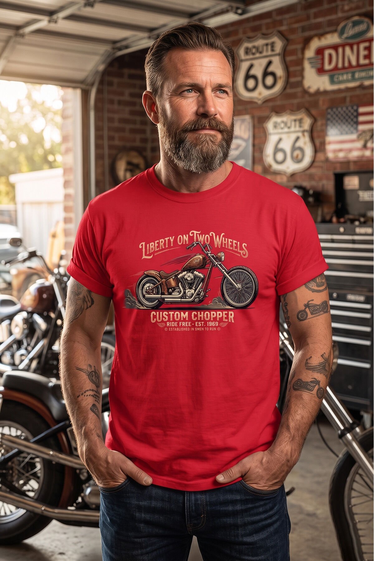 Retro Motosiklet İllüstrasyon Baskılı Pamuklu Unisex Tişört T-shirt Kırmızı - XL