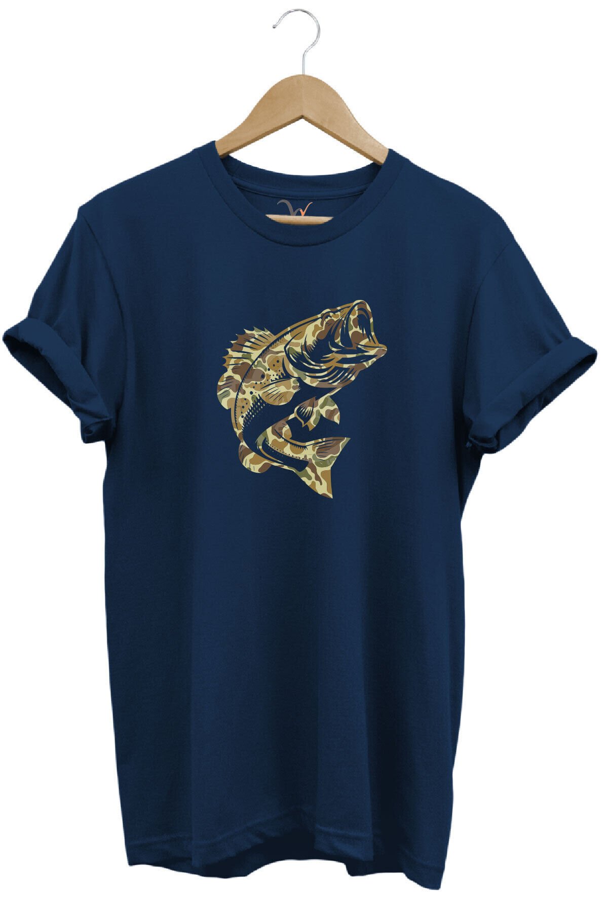 Fishing Balık Avı Kamuflaj Desenli Balık Baskılı %100 Pamuk Regular Fit Kırmızı T-shirt Lacivert - 3XL