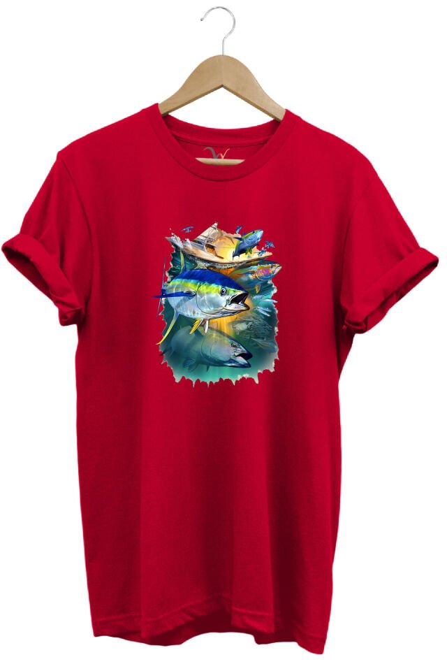 Fishing Balık Baskılı Balıkçılık %100 Pamuk Regular Fit Bisiklet Yaka Siyah T-shirt Kırmızı - XL