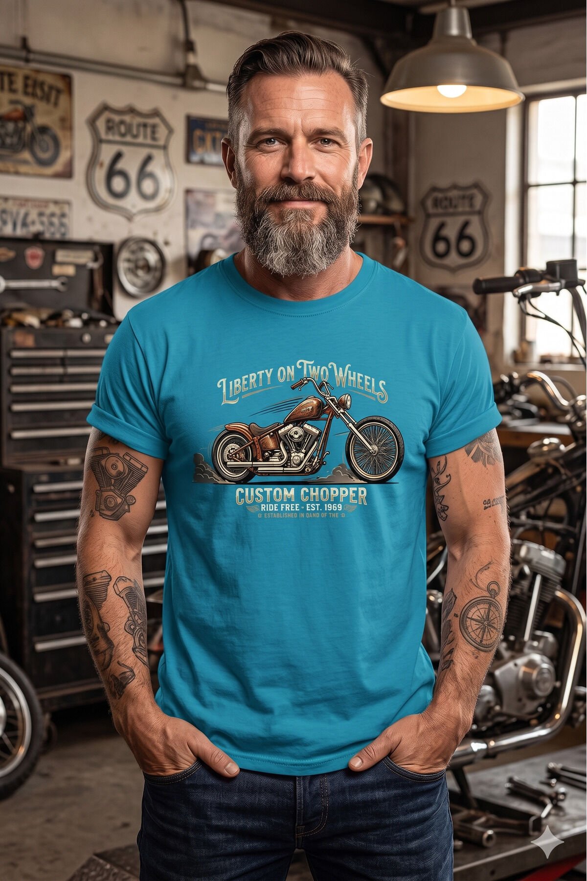 Retro Motosiklet İllüstrasyon Baskılı Pamuklu Unisex Tişört T-shirt Turkuaz - S