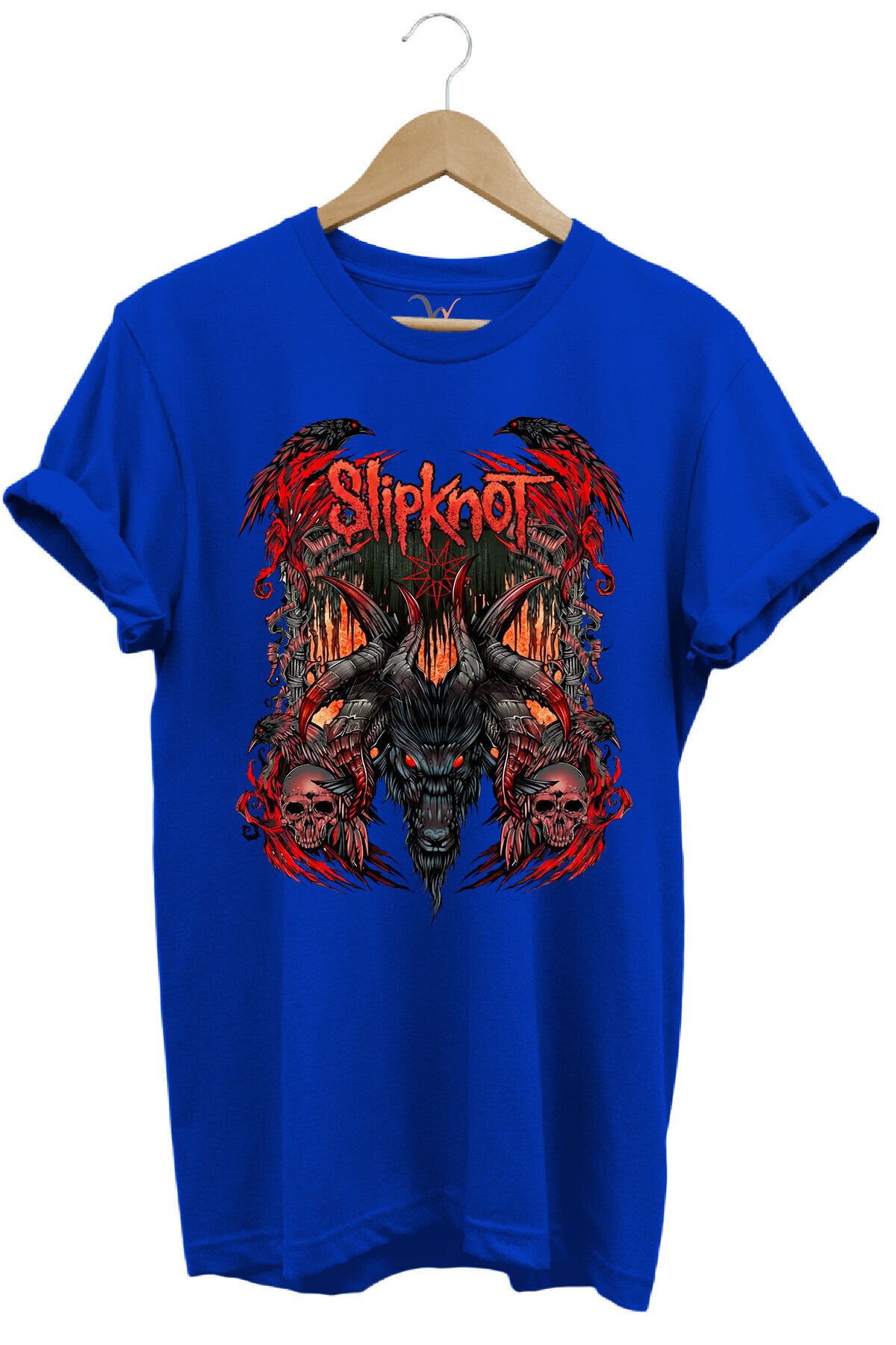 Slipknot Müzik Grubu Rock Metal Baskılı Punk Keçi ve Kafatası Tasarımlı Basic Regular Fit T-shirt Mavi - XL