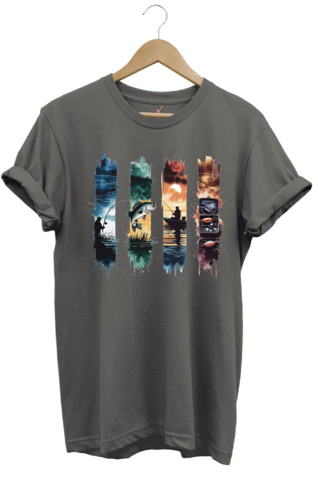 Balıkçılık Temalı Renkli Sahne Baskılı %100 Pamuk Unisex Regular Fit T-Shirt Gri - M