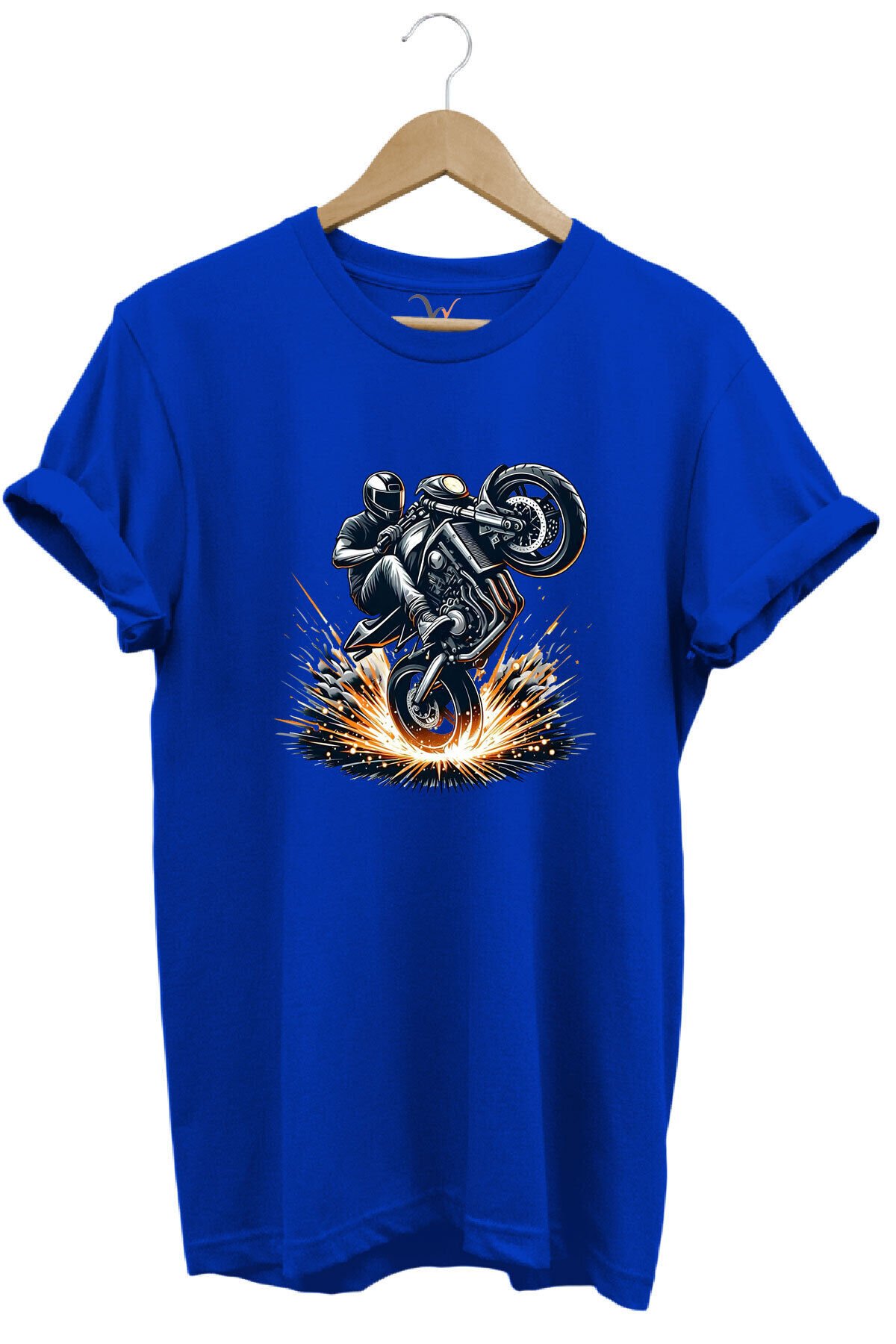 Racing Motosiklet Baskılı Ön Kaldıran Motorcu %100 Pamuk Regular Fit Unisex T-Shirt Mavi - 3XL
