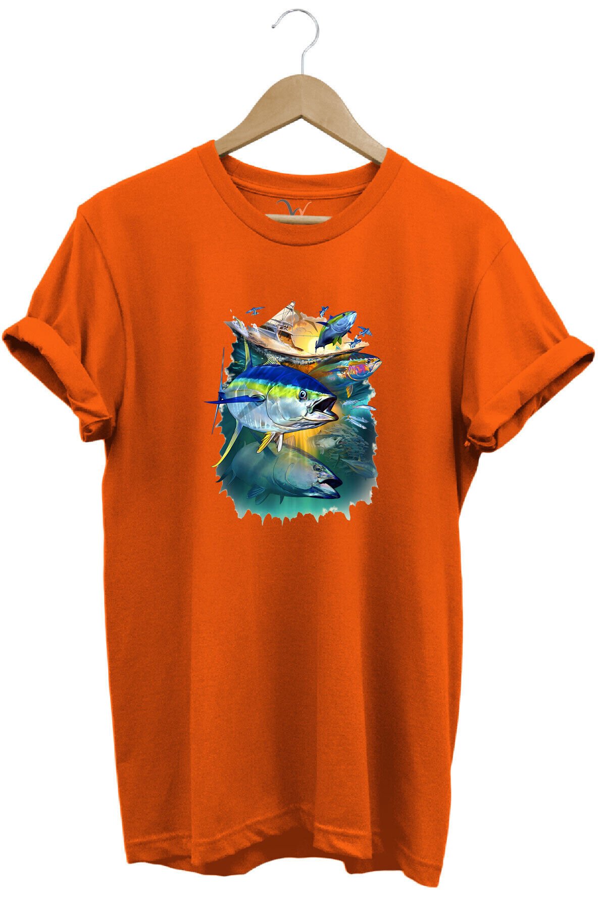 Fishing Balık Baskılı Balıkçılık %100 Pamuk Regular Fit Bisiklet Yaka Siyah T-shirt Turuncu - M