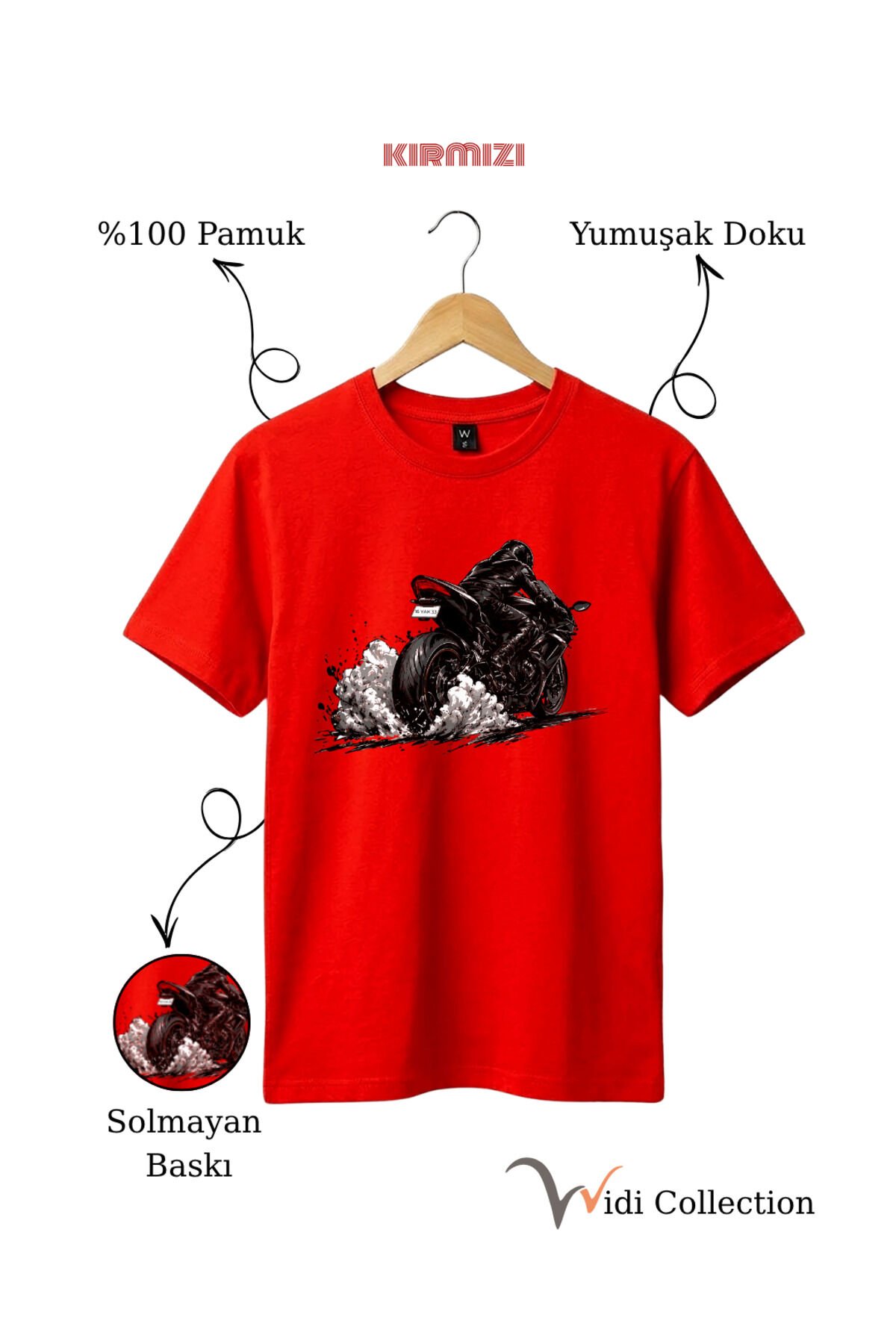 Motor Lastik Duman Efektli %100 Pamuk Regular Fit Unisex T-Shirt Kırmızı - 3XL