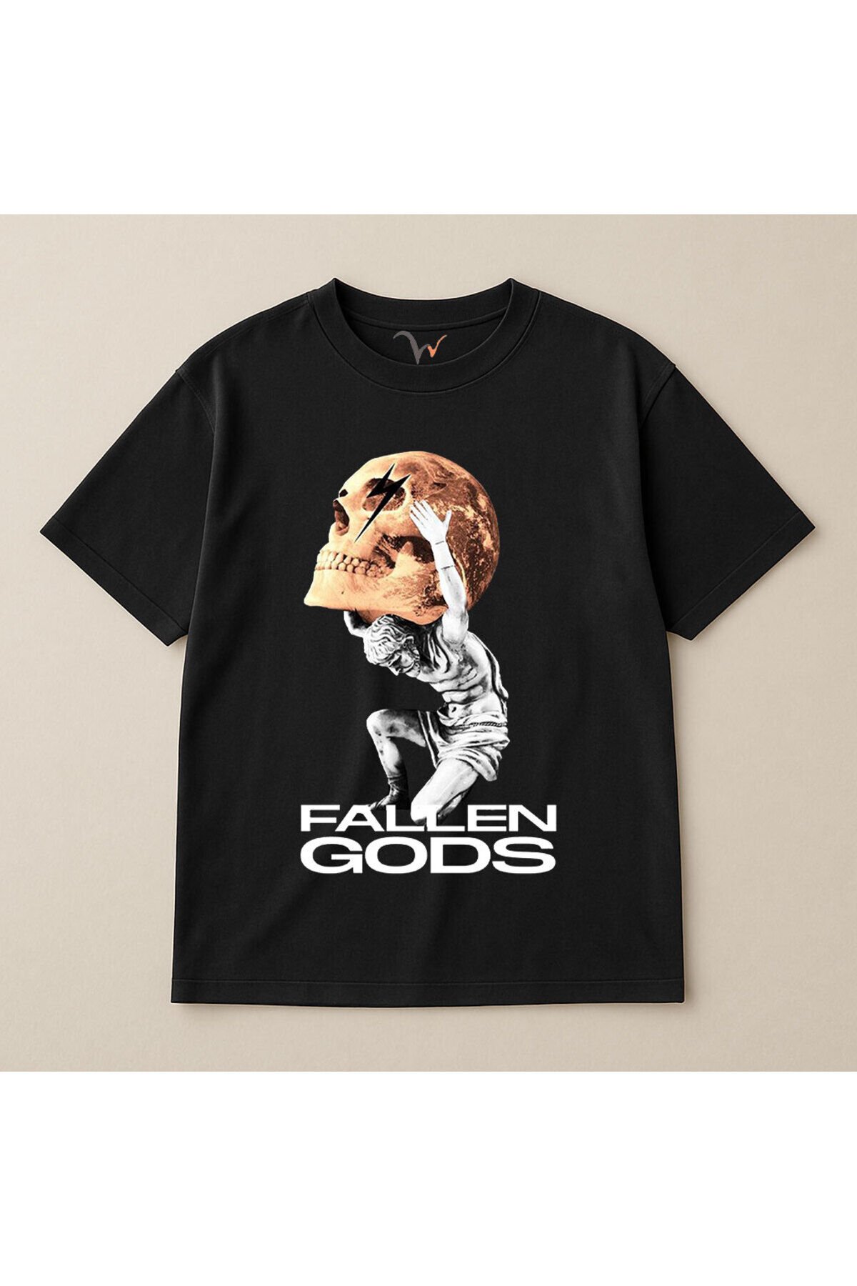 Mitolojik Fallen Gods Dijital Grafik Baskılı %100 Pamuk Oversize Bisiklet Yaka Unisex T-Shirt Siyah - L