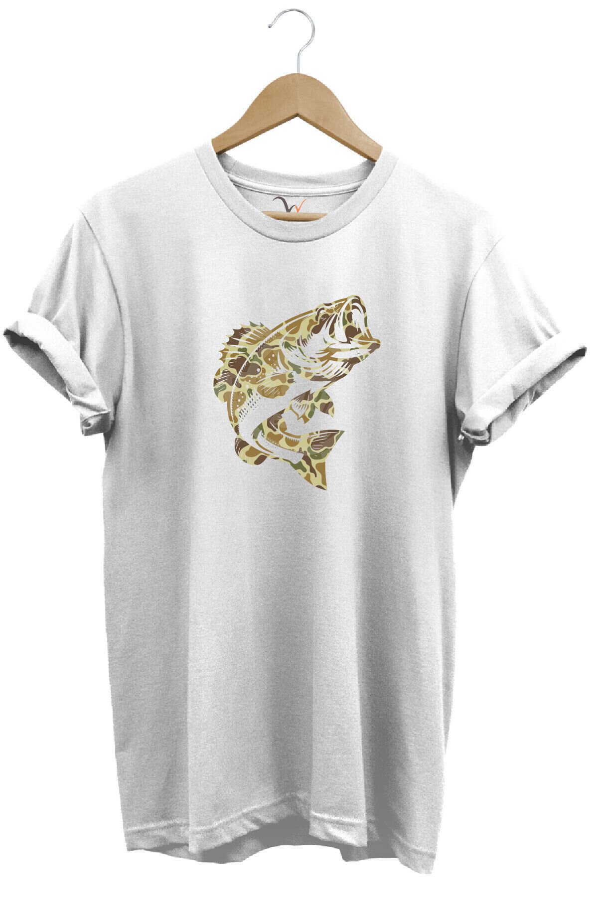 Fishing Balık Avı Kamuflaj Desenli Balık Baskılı %100 Pamuk Regular Fit Kırmızı T-shirt Beyaz - 3XL