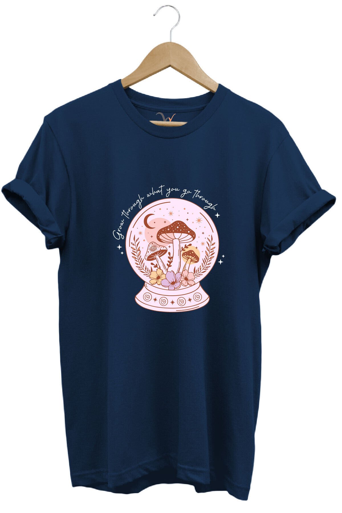 Vintage Retro StreetWear Poster Mantar Küresi Baskılı %100 Pamuk Regular Fit Bisiklet Yaka T-Shirt Lacivert - L