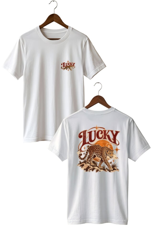 Leopar Lucky Baskılı Oversize Unisex T-Shirt – Ön Arka Baskılı Vintage Streetwear Tişört