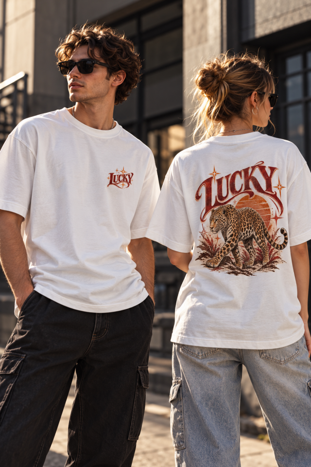 Leopar Lucky Baskılı Oversize Unisex T-Shirt – Ön Arka Baskılı Vintage Streetwear Tişört
