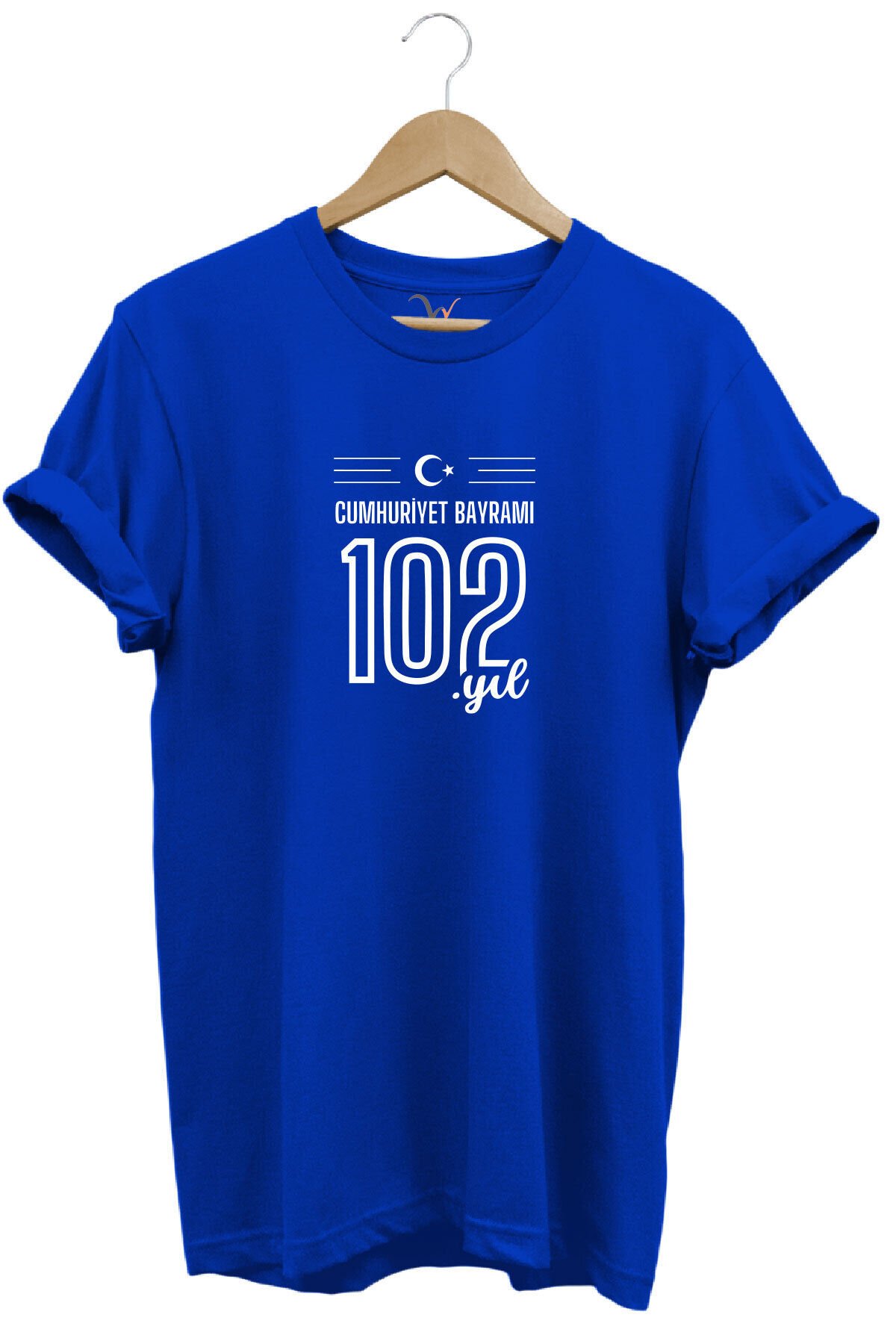 102. Yıl 29 Ekim Cumhuriyet Bayramı Baskılı Ay Yıldız %100 Pamuk Regular Fit Unisex T-Shirt Mavi - M