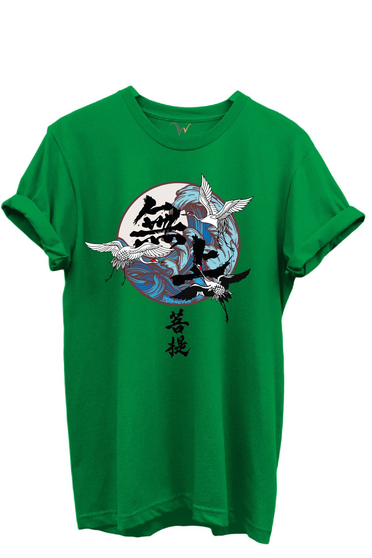 Japon Sanatı Stilinde Turna Kuşları ve Dalga Desenli %100 Pamuk Regular Fit Unisex T-Shirt Yeşil - 3XL