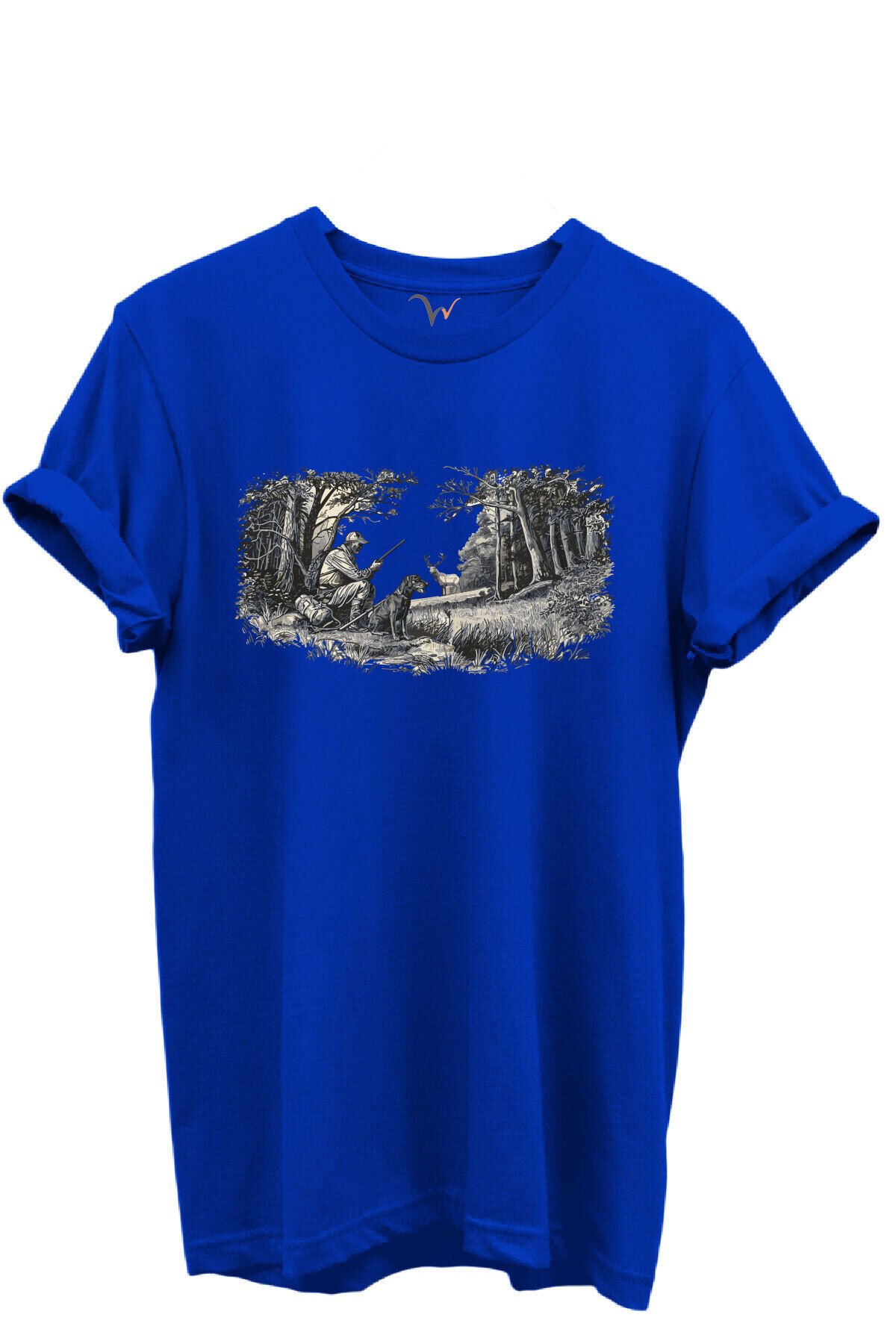 Doğa ve Avcılık Konseptli Orman Sahnesi Baskılı %100 Pamuk Regular Fit Bisiklet Yaka Unisex T-shirt Saks Mavi - XL