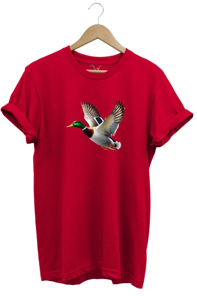 Avcılık Hunting Ördek Avı Yeşilbaş Baskılı %100 Pamuk Unisex Regular Fit T-Shirt Kırmızı - 3XL