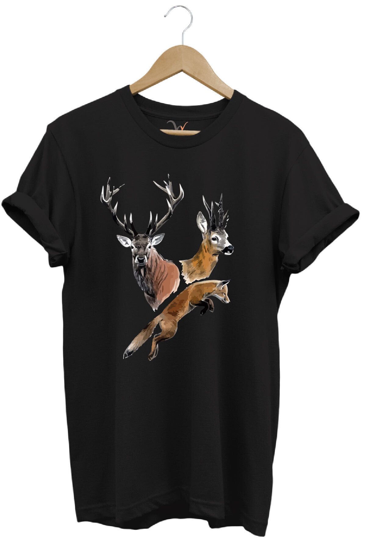 Avcılık Hunter Geyik ve Tilki Baskılı %100 Pamuk Regular Fit Tişört Siyah - 4XL