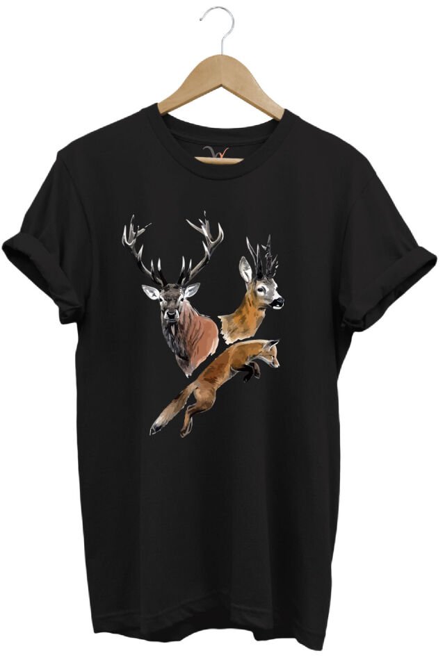 Avcılık Hunter Geyik ve Tilki Baskılı %100 Pamuk Regular Fit Tişört Siyah - 4XL