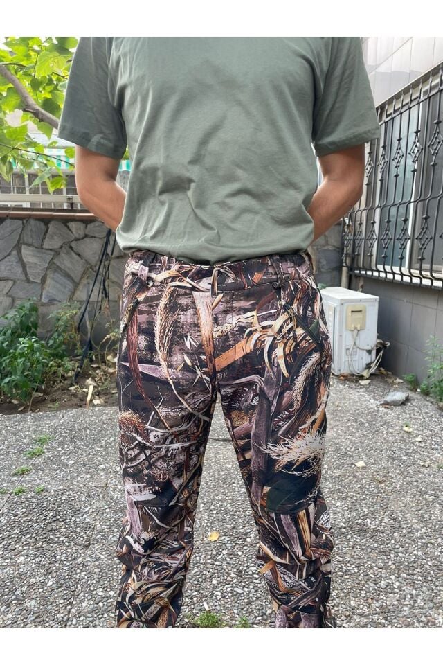 Outdoor Avcılık Kamuflaj Saz Desenli Softshel Kar Su Rüzgar Geçirmez Pantolon