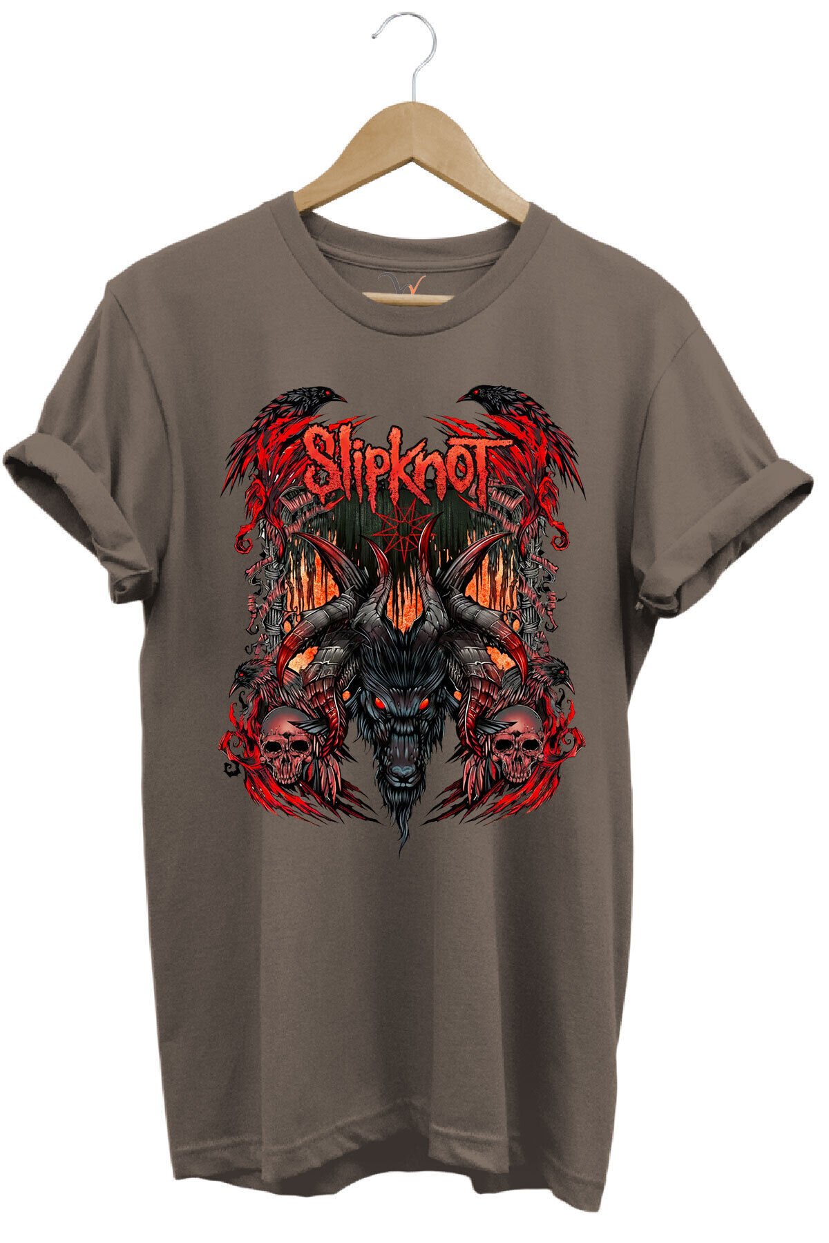 Slipknot Müzik Grubu Rock Metal Baskılı Punk Keçi ve Kafatası Tasarımlı Basic Regular Fit T-shirt Kahverengi - L