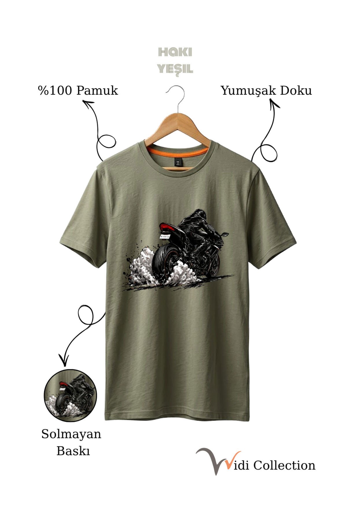 Motor Lastik Duman Efektli %100 Pamuk Regular Fit Unisex T-Shirt Haki - 2XL