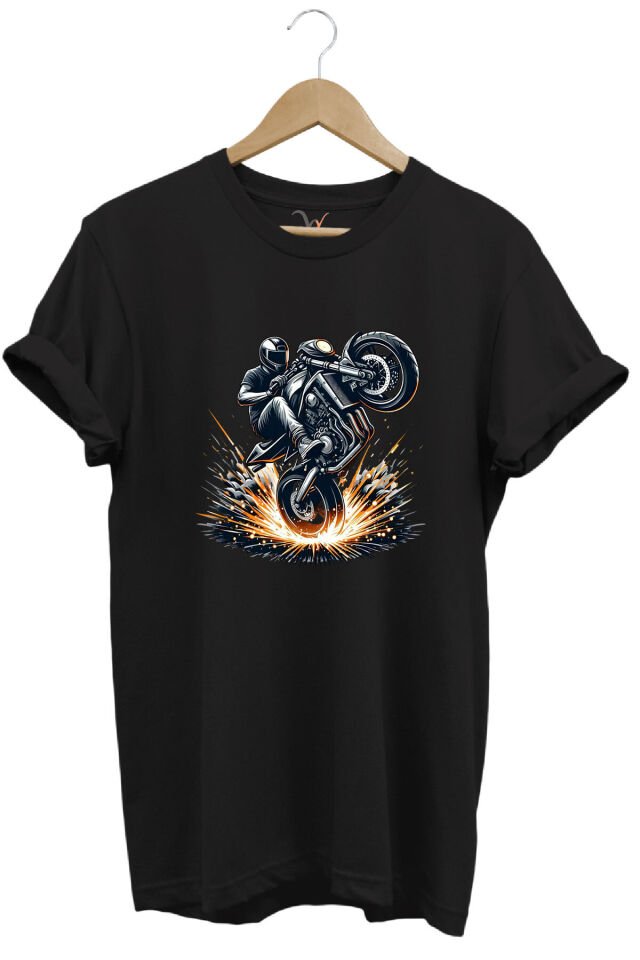Racing Motosiklet Baskılı Ön Kaldıran Motorcu %100 Pamuk Regular Fit Unisex T-Shirt Siyah - 2XL