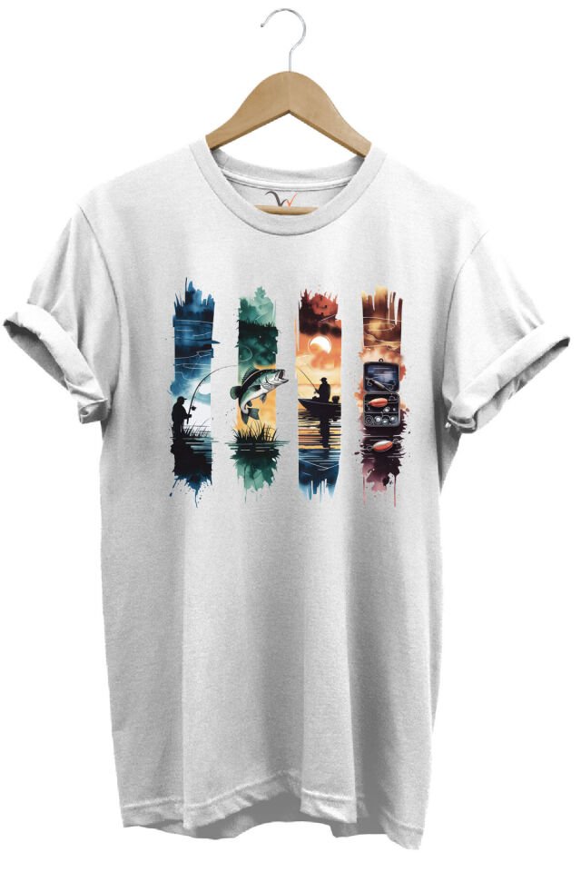 Balıkçılık Temalı Renkli Sahne Baskılı %100 Pamuk Unisex Regular Fit T-Shirt Beyaz - 3XL
