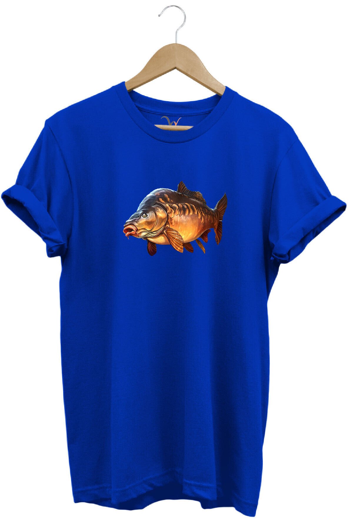 Avcılık Fishing Deniz Göl Sazan Balığı Baskılı Renkli %100 Pamuk Regular Fit Bisiklet Yaka T-Shirt Mavi - S