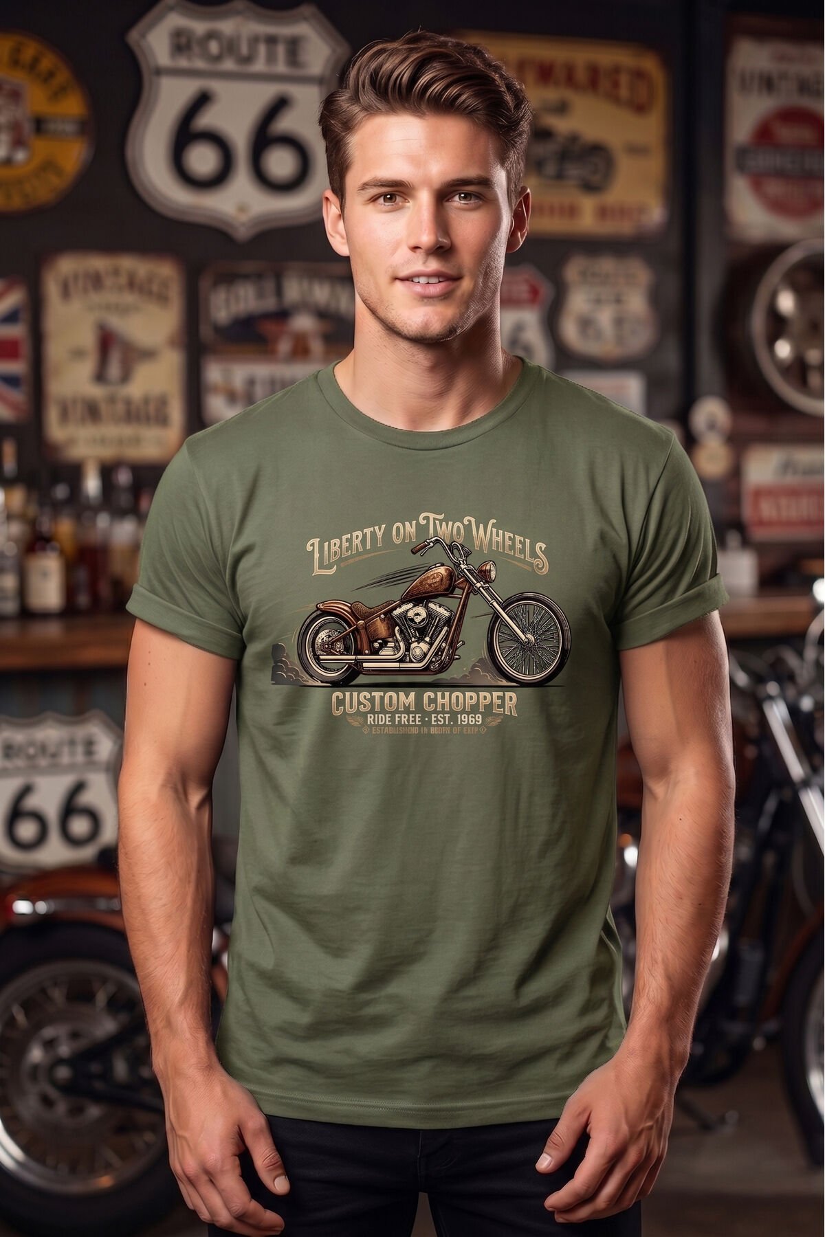 Retro Motosiklet İllüstrasyon Baskılı Pamuklu Unisex Tişört T-shirt Haki - S