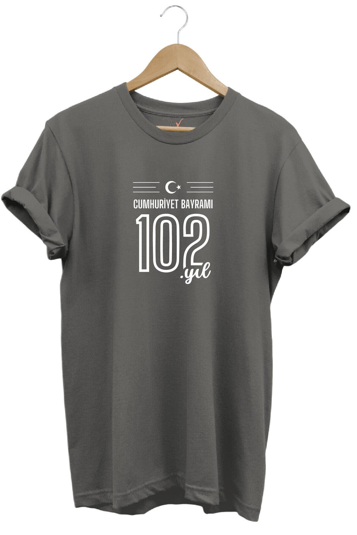 102. Yıl 29 Ekim Cumhuriyet Bayramı Baskılı Ay Yıldız %100 Pamuk Regular Fit Unisex T-Shirt Gri - S